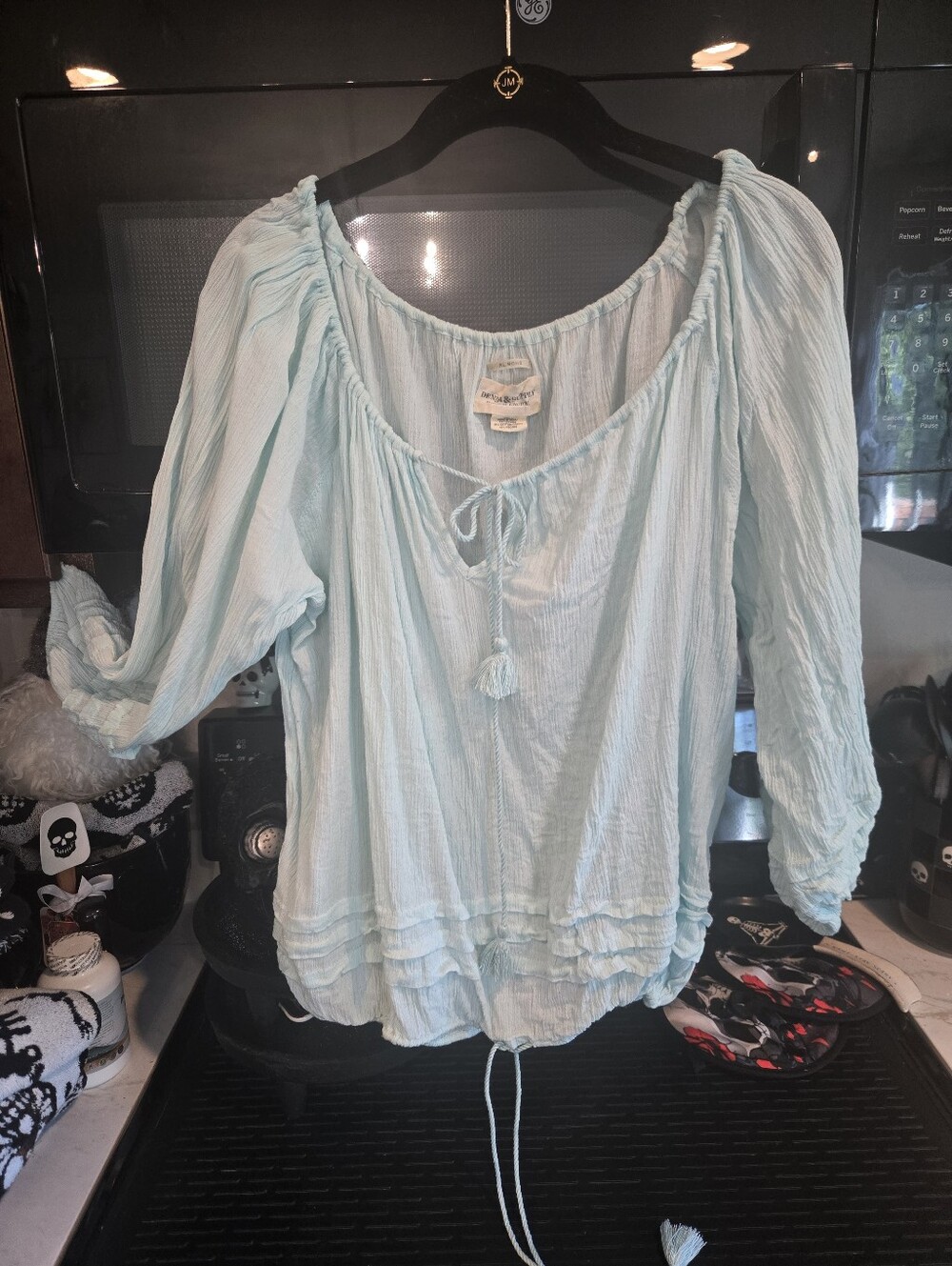 Light Blue Women's Peasant Blouse - Breathable Drawstring Top And Bottom. Size M